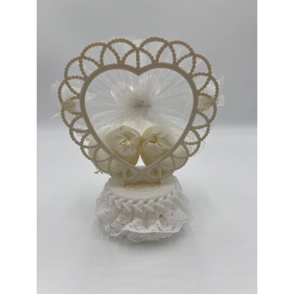 Vintage Ivory Lace Heart Shaped with Wedding Bells Tulle Flowers Cake Topper - Picture 7 of 13